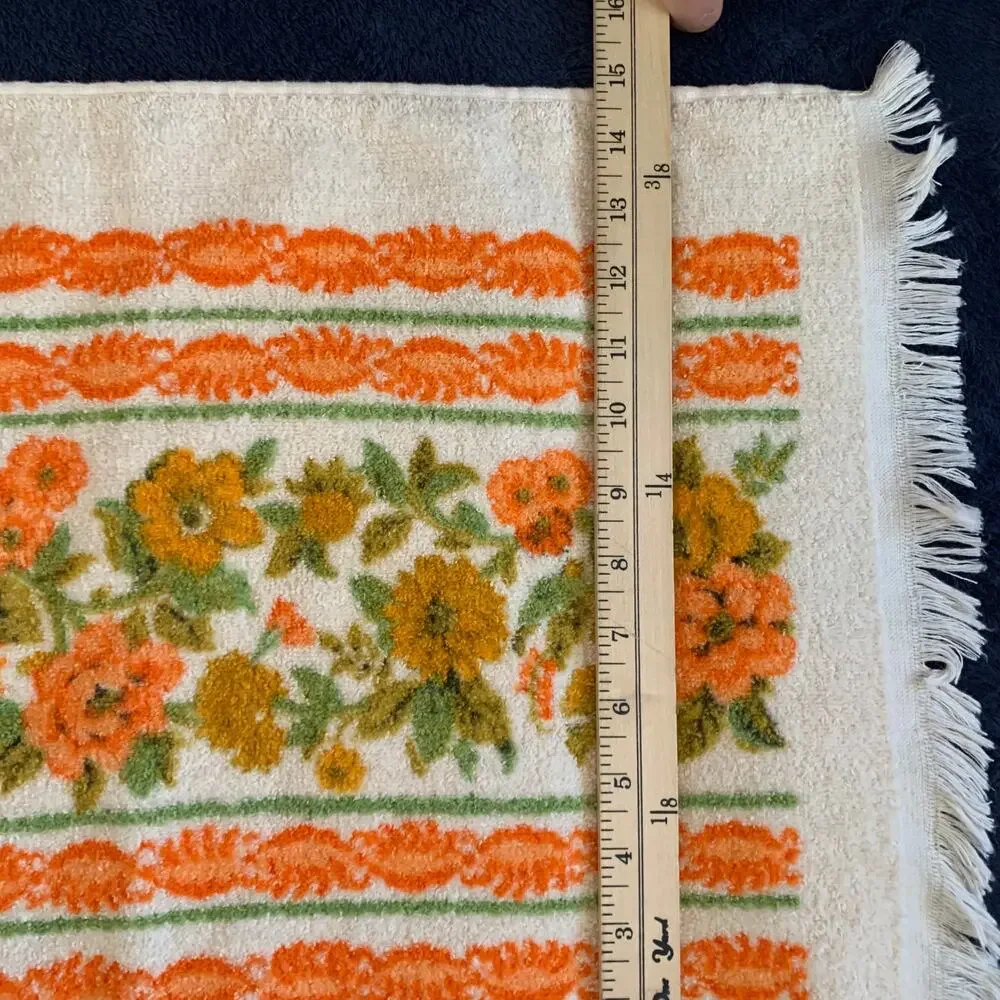 Vtg Cannon 70s Floral Bath Hand Dish Towel Orange Green Yellow Fringe Cotton 3